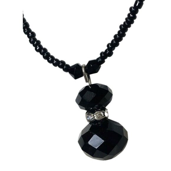 Vintage Black Shimmering Rhinestone Faceted Beaded Chain Pendant Necklace 19” - Picture 4 of 6